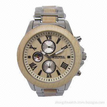 Top Stainless & Maple Combined Wooden Watch, Chrono Function, 5ATM Water Resistant
